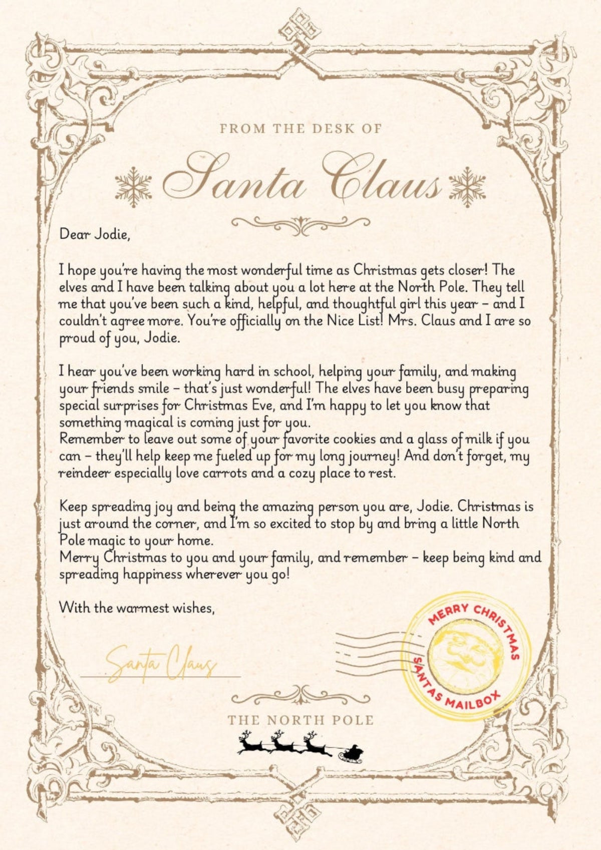 Letter from Santa Claus with decorative border and stamp, addressed to Jodie.